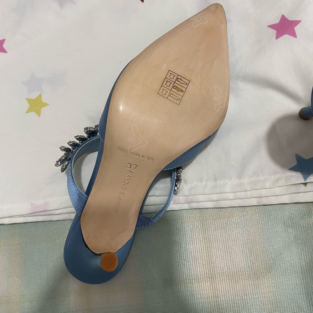 Manolo Blahnik Sky Blue Jeweled Satin Pointed-Toe Mules - Picture 4 of 10